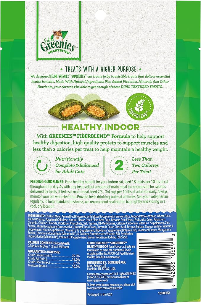 Greenies Feline Smartbites Healthy Indoor Natural Treats for Cats, Tuna Flavor, 4.6 oz. Pouch (Pack of 2)