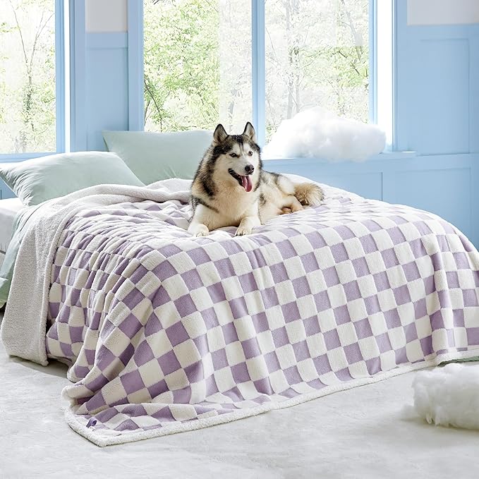 Lesure Waterproof Dog Blanket for Large Dogs - Washable Double Sided Dog Blankets with Warm Jacquard Shag and Soft Sherpa Fleece, Pet Cat blanket for Queen Bed Protection, 3D Textured Checks, Purple