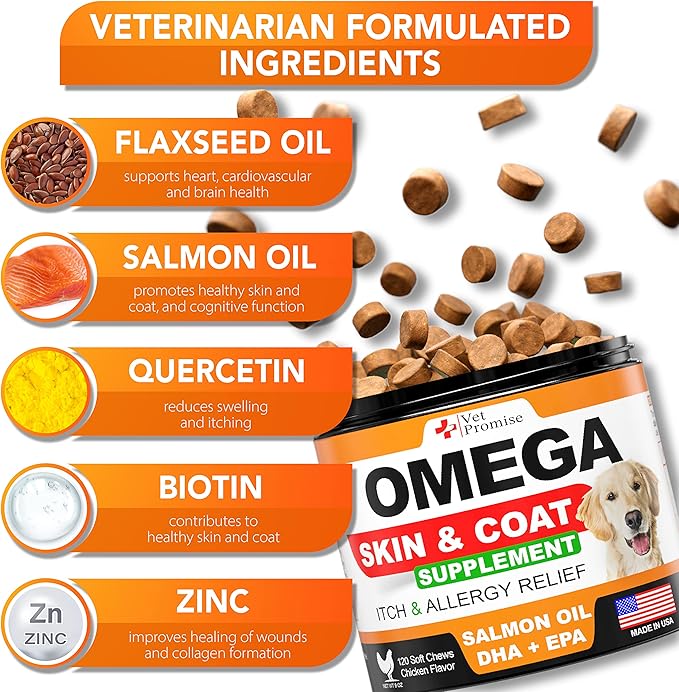 Omega 3 for Dogs - Dog Skin and Coat Supplement - Fish Oil for Dogs Chews - Allergy and Dog Itch Relief - Dog Anti Shedding Supplement - Dog Dry Skin Treatment - Salmon Oil - Made in USA - 120 Treats