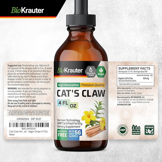 Cats Claw Herbal Supplement - Organic Cats Claw Tincture - Liquid Extract for Immune Support - Alcohol & Sugar Free - Vegan Drops 4 Fl.Oz.