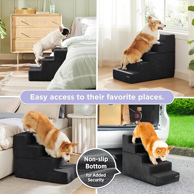 Lesure Dog Stairs for Small Dogs - Pet Stairs for Beds and Couch, Folding Pet Steps with CertiPUR-US Certified Foam for Cat and Doggy, Non-Slip Bottom Dog Steps, Black, 3 Steps