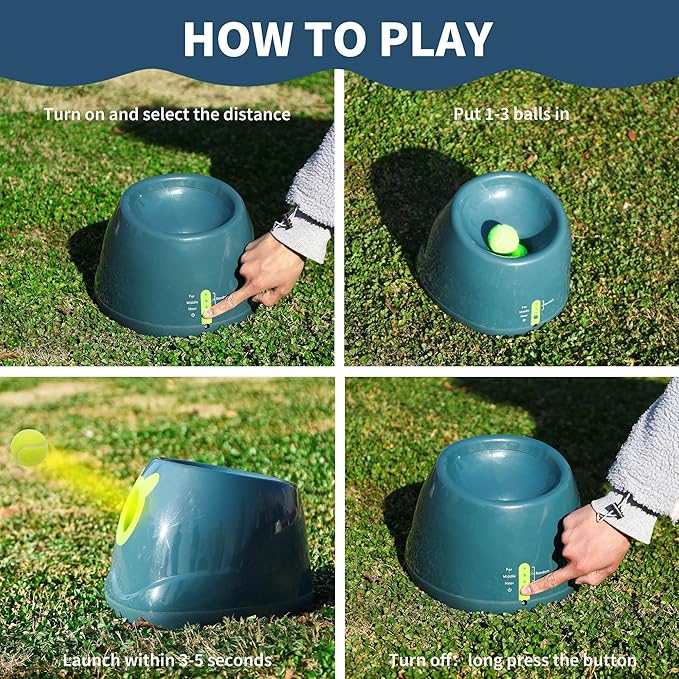 Automatic Ball Launcher for Dogs, 4 Launch Distance Modes, 2-inch Small Balls Included, Suitable for Small to Medium Sized Dogs (Blue with Tennis Balls)