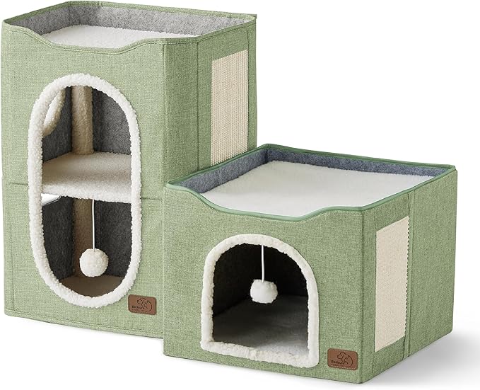 Bedsure 2-Level Cat House for Indoor Cats - Small Cat Towers with Scratch Pad and Hideaway Condo, Cat Cave Bed Furniture for Multi Pets and Large Cats, 18x14x23 inches, Green