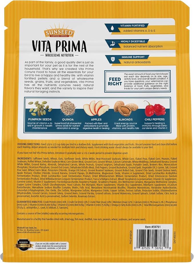 Sunseed Vita Prima Wholesome Nutrition Conure Food, 3 LBS