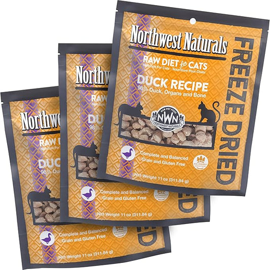 Northwest Naturals Freeze-Dried Duck Cat Food - Bite-Sized Nibbles - Healthy, Limited Ingredients, Human Grade Pet Food, All Natural - 11 Oz (Pack of 3) (Packaging May Vary)