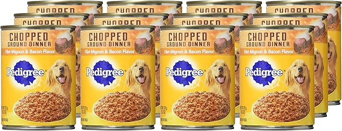 PEDIGREE CHOPPED GROUND DINNER Adult Canned Soft Wet Dog Food, Variety Pack, Filet Mignon & Bacon Flavor and Beef, Bacon & Cheese Flavor, (12) 13.2 oz. Cans