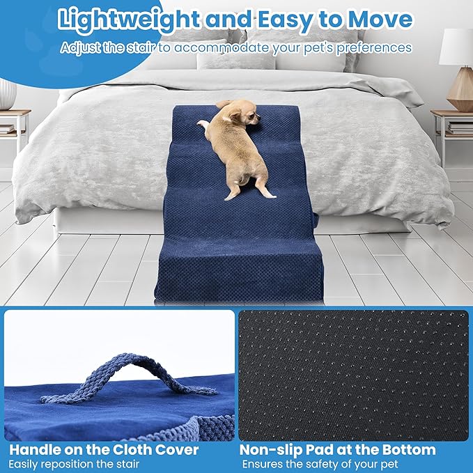 Dog Stairs 4 Steps, 19.6 inch High Pet Stairs, 30D Foam Dog Dtairs & Steps Curved Steps and Small Step Angle Protect Your Pet's Joints, Dog Steps for Small Dog, Dog Stairs to Bed, Blue