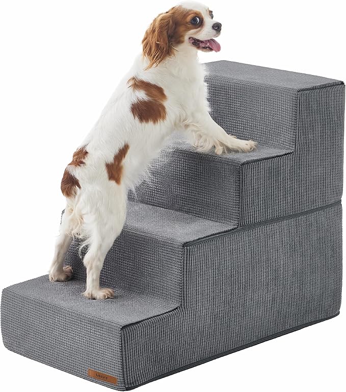 Lesure Dog Stairs for High Beds, Extra Wide Pet Stairs, 4-Steps Dog Steps for Medium/Small Dogs and Old Cats, Foldable Dog Steps with CertiPUR-US Certified Foam and Non-Slip Bottom, Grey