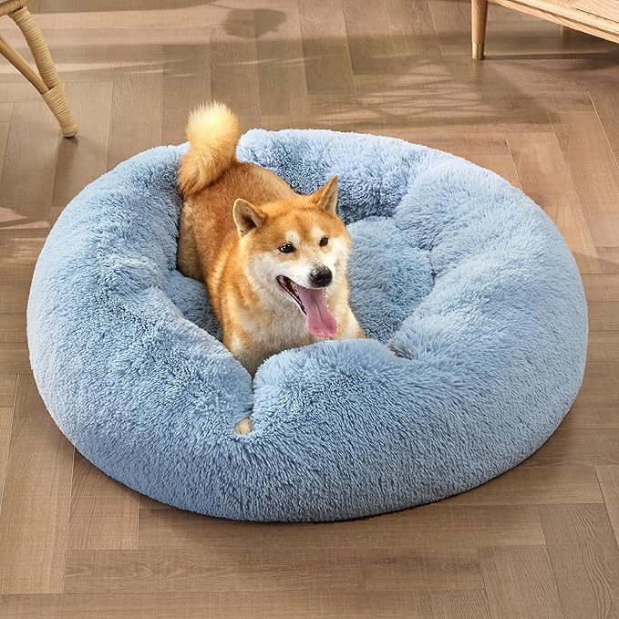 Bedsure Calming Dog Bed for Medium Dogs - Donut Washable Medium Pet Bed, Anti-Slip Round Fluffy Plush Faux Fur Cat Bed, Fits up to 45 lbs Pets, Blue, 30 inches