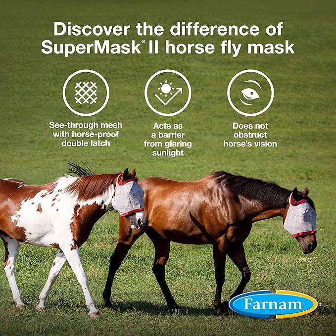 Farnam SuperMask II Fly Mask Without Ears for Smaller Horses or Arabian Horses,Full Face Coverage & Eye Protection from Insect Pests, Structured Classic Mesh with Plush Trim,Small Horse/Arabian Size