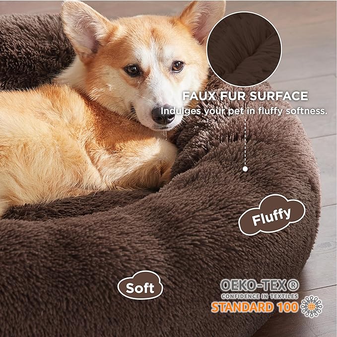 Bedsure Calming Dog Bed for Medium Dogs - Donut Washable Medium Pet Bed, 30 inches Anti-Slip Round Fluffy Plush Faux Fur Cat Bed, Fits up to 45 lbs Pets, Coffee