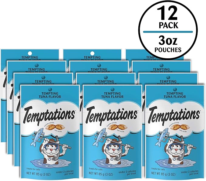 TEMPTATIONS Classic Crunchy and Soft Cat Treats Tempting Tuna Flavor, 3 oz. Pouch (Pack of 12)