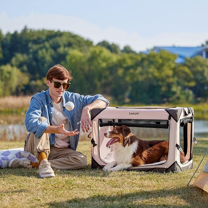 Lesure Collapsible Dog Crate - Portable Dog Travel Crate Kennel for Medium Dog, 4-Door Pet Crate with Durable Mesh Windows, Indoor & Outdoor (Pink)