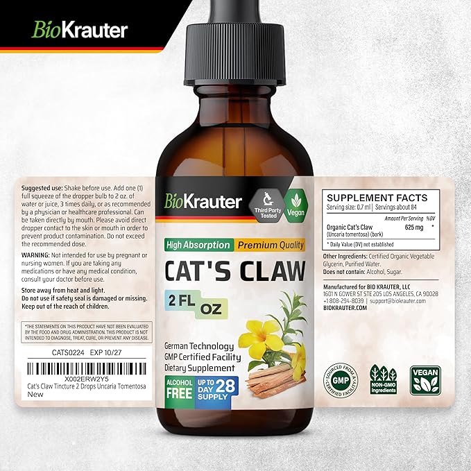 Cats Claw Herbal Supplement - Organic Cats Claw Tincture - Liquid Extract for Immune Support - Alcohol & Sugar Free - Vegan Drops 2 Fl.Oz.