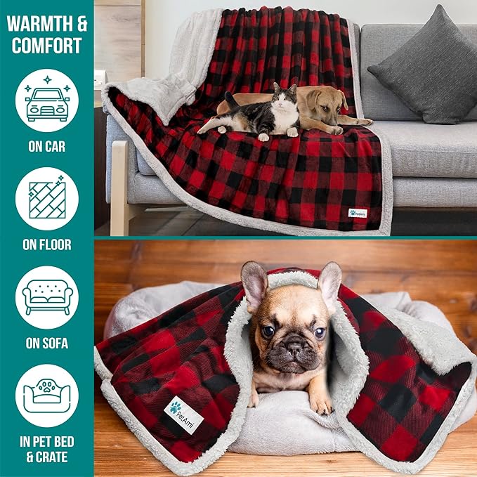 PetAmi WATERPROOFDog Blanket for Bed, XL Dog Pet Blanket Couch Cover Protection, Sherpa Fleece Leakproof Bed Blanket for Crate Kennel Sofa Furniture Protector, Reversible Soft Plush 80x60 Checker Red