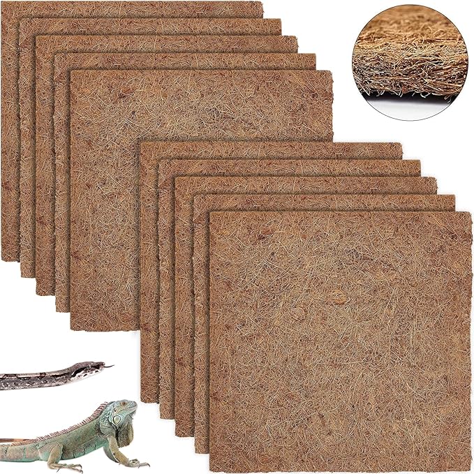 ZeeDix 10 Pieces Coconut Fiber Reptile Substrate Mat, 14 x 14 inches Natural Coco Coir Mat Turtle Bedding Tortoise Carpet Reptile Terrarium Liner for Lizard Snake Turtle Gecko Bearded Dragon