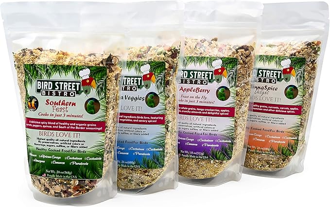Parrot Food Sample 4 Pack - Parakeet Food - Cockatiel Food - Bird Food - Cooks in 3-15 min w/Natural & Organic Grains - Healthy, Non-GMO Fruits, Healthy Orientated Spices