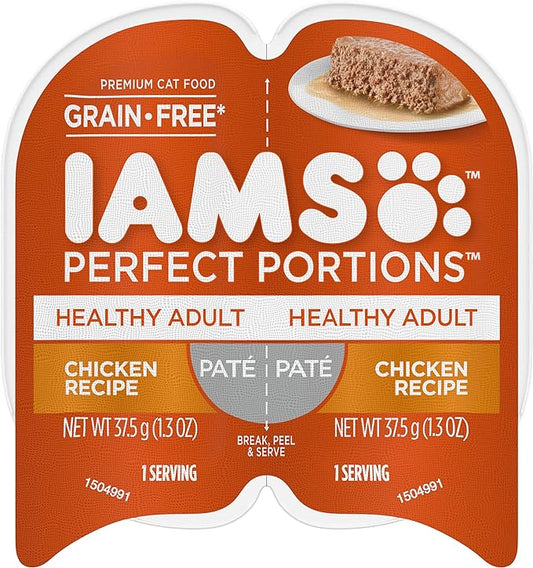 IAMS Perfect Portions Healthy Adult Wet Cat Food with Chicken Recipe, Easy Peel Twin-Pack Trays, Pack of 24 (48 Total Servings)