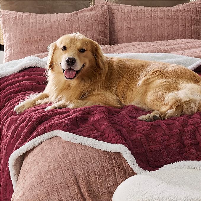 Bedsure Waterproof Dog Blankets for Large Dogs - Pet Blanket for Bed Couch Protector Washable, Premium Jacquard Coral Fleece Cat Throw Blanket, Soft Reversible Furniture Protection, 60x80, Burgundy