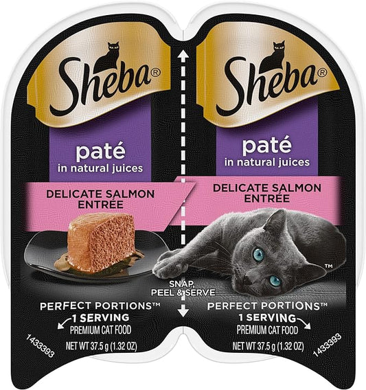 Sheba Wet Food PERFECT PORTIONS Paté Adult Wet Cat Food Trays (24 Count, 48 Servings), Delicate Salmon Entrée, Easy Peel Twin-Pack Trays , 1.32 Ounce (Pack of 48)