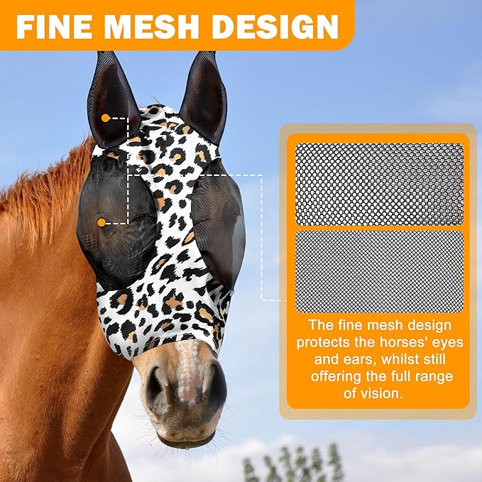 Horse Fly Mask, Softer Stretchy Fly Masks for Horses, Comfortable and Breathable Horse Fly Masks with Ears, Shade and Cooling to Protect The Horse's face from Disturbance, Leopard L