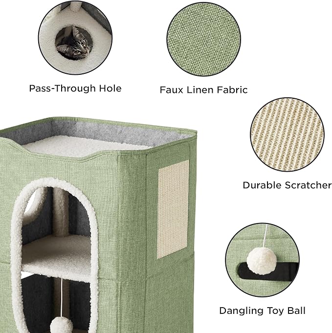 Bedsure 2-Level Cat House for Indoor Cats - Small Cat Towers with Scratch Pad and Hideaway Condo, Cat Cave Bed Furniture for Multi Pets and Large Cats, 18x14x23 inches, Green