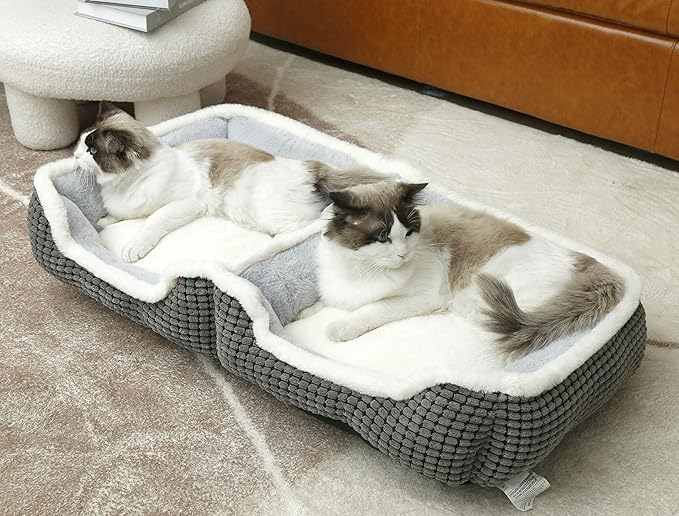 Dog Beds for Two Small Dogs, Double Cat Beds for Indoor Cats, Super Soft Washable Cat Bed with Anti-Slip & Water-Resistant Bottom, Luxury Durable Kitten Bed Puppy Bed, Rectangle Grey Animal Pet Beds