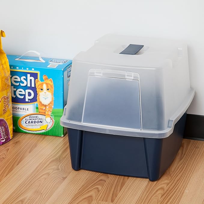 IRIS USA Cat Litter Box Enclosure with Front Door Flap, Hooded Kitty Litter Tray for Privacy and Keeping Litter Inside, Portable, Easy to Clean, Navy