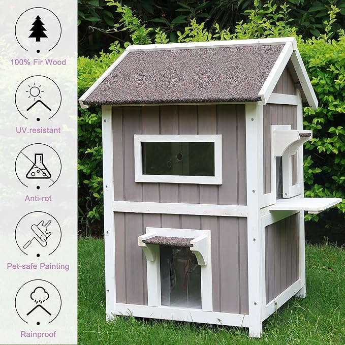HiCaptain Outdoor Cat House for Feral Cats, Weatherproof Outside Cat Shelter Wooden 2 Story Large Kitty House with Escape Door-Grey