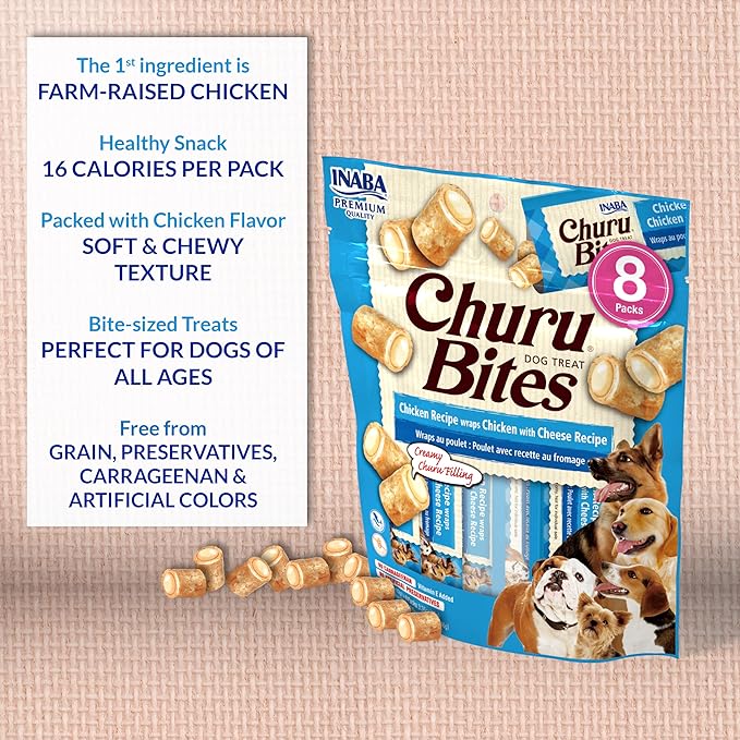 INABA Churu Bites for Dogs, Grain-Free, Soft/Chewy Baked Chicken Wrapped Churu Filled Dog Treats, 0.42 Ounces Each Tube | 8 Tubes Total