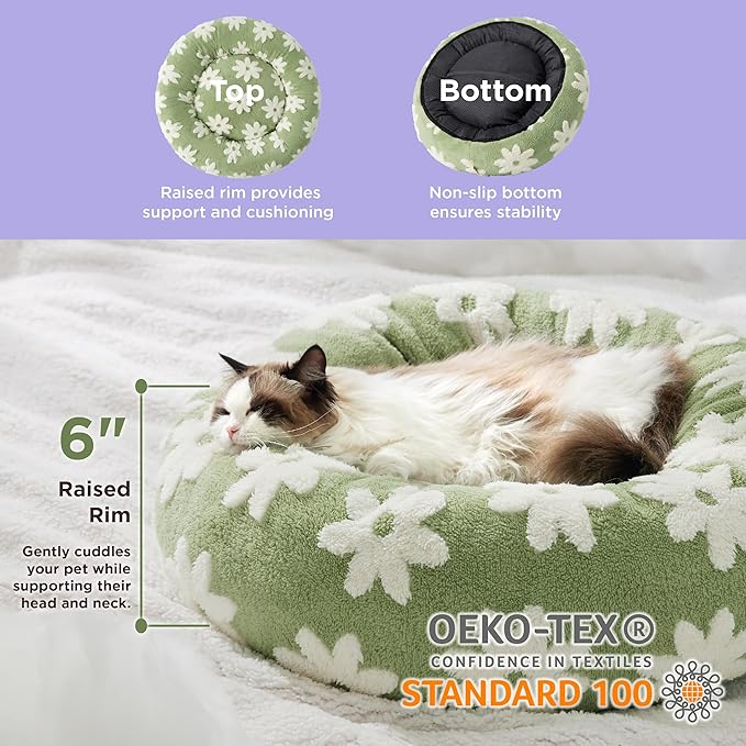 Lesure Cat Beds for Indoor Cats - Round Cat Bed Donut Small Dog Bed Calming Pet Beds, Cute Modern Beds with Jacquard Shaggy Plush & Anti Slip Bottom, 20 Inch, Green