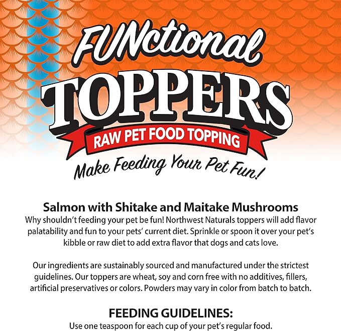 Northwest Naturals Freeze-Dried Salmon, Shiitake & Maitake Mushrooms Functional Topper - for Dogs & Cats - Healthy, Limited Ingredients, Human Grade Pet Food, All Natural - 3.5 Oz (Packaging May Vary)