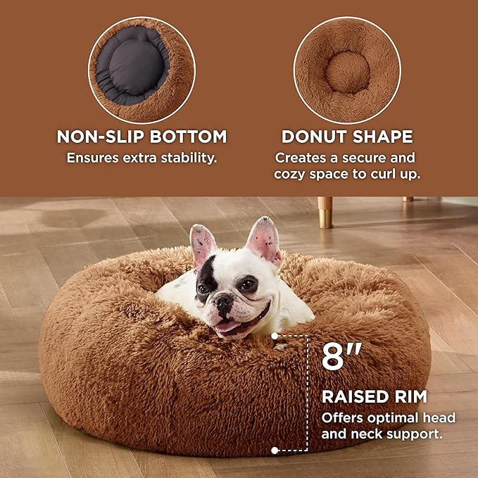 Bedsure Calming Dog Bed for Small Dogs - Donut Washable Small Pet Bed, 23 inches Anti-Slip Round Fluffy Plush Faux Fur Large Cat Bed, Fits up to 25 lbs Pets, Caramel