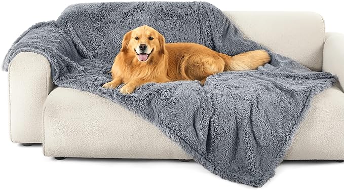 Bedsure Waterproof Dog Blankets for Large Dogs - Calming Cat Blanket for Bed Couch Protector Washable, Long Faux Fur Pet Throw Blanket for Puppy, Reversible Furniture Protection, 60"x80", Grey