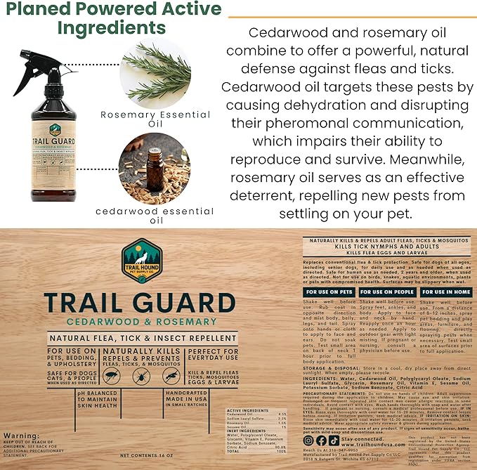 Trail Guard Natural Extra Stregth Insect, Flea and Tick Spray for Dogs, Cats, People & Home - 16oz Plant-Based Insect & Tick Repellent for Dogs - Kid Safe - DEET Free - Flea and Tick Prevention