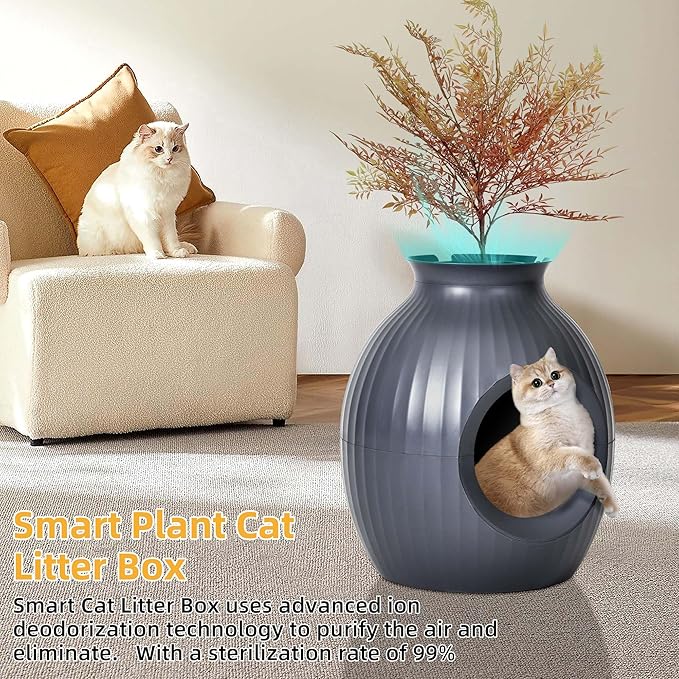 YITAHOME Smart Plant Litter Box with Odor Control & Sterilization System, Hidden Cat Litter Box Plant Furniturewith Led Light for Cats, Includes Scoop, Stones, Artificial Plants, Grey & Red