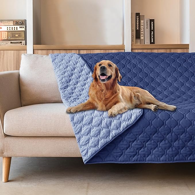 gogobunny 100% Double Sided Waterproof Dog Blanket Soft Pet Bed Cover Reversible Protect Furniture Couch Sofa Car for Puppy Large Dog Cat (Dark Navy/Light Navy, 52x82 Inch (Pack of 1))