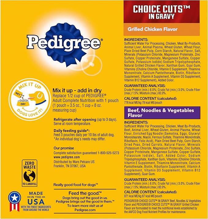 PEDIGREE CHOICE CUTS IN GRAVY Adult Soft Wet Dog Food 8 Count Variety Pack, 3.5 oz Pouches, (Pack of 2)