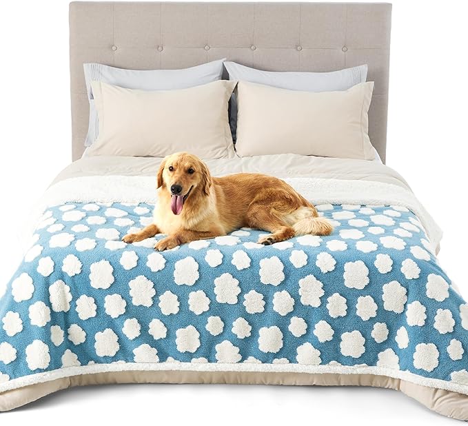 Lesure Waterproof Dog Blanket for Large Dogs - Washable Double Sided Dog Blankets with Warm Jacquard Shag and Soft Sherpa Fleece, Pet Cat blanket for Bed Protection, 3D Textured Cloud, Blue