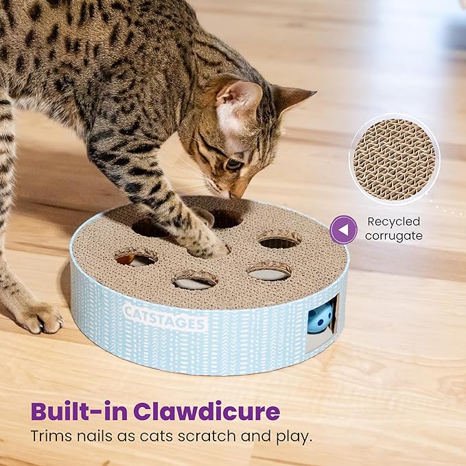 Catstages Scratch N' Hunt Puzzle Cat Toy, Cat Puzzle with Corrugated Scratcher Surface and Three Balls Inside, Blue