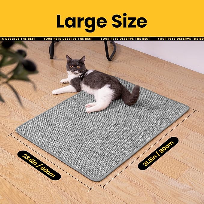 Cat Scratcher Mat,Natural Sisal Cat Scratch Pad with Sticky Velcro Tapes,Horizontal Floor Cat Scratching Pads Rug for Indoor Cats,Cat Furniture Protector for Couch&Carpets&Sofas(L,31.5"X23.6")