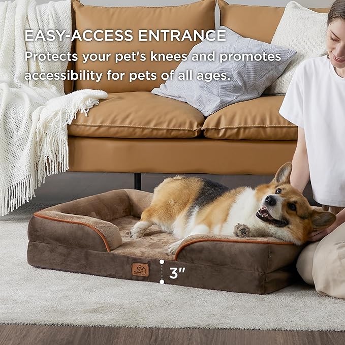 Bedsure Orthopedic Dog Bed for Large Dogs - Big Washable Dog Sofa Beds Large, Supportive Foam Pet Couch Bed with Removable Washable Cover, Waterproof Lining and Nonskid Bottom, Brown