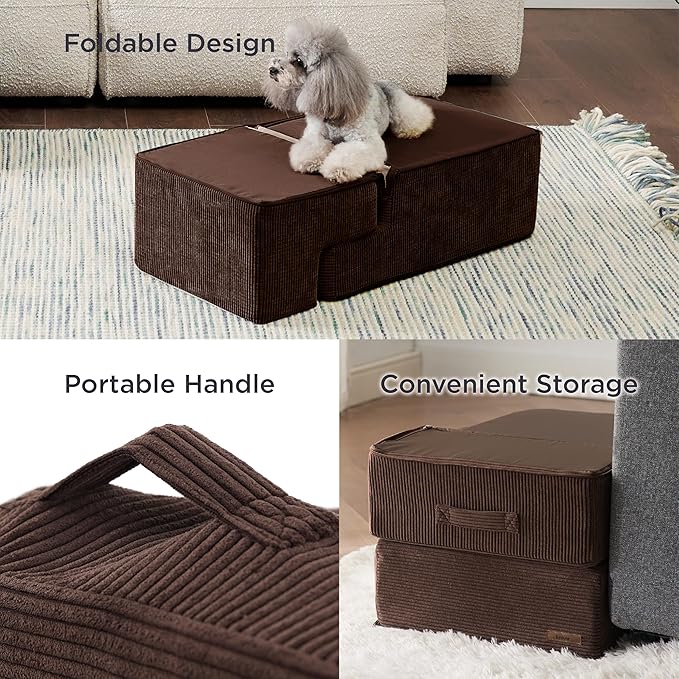 Lesure Dog Stairs for High Beds, Extra Wide Pet Stairs, 4-Steps Dog Steps for Medium/Small Dogs and Old Cats, Foldable Dog Steps with CertiPUR-US Certified Foam and Non-Slip Bottom, Brown