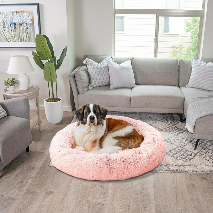 Best Friends by Sheri The Original Calming Donut Cat and Dog Bed in Shag Fur Cotton Candy Pink, Extra Large 45"