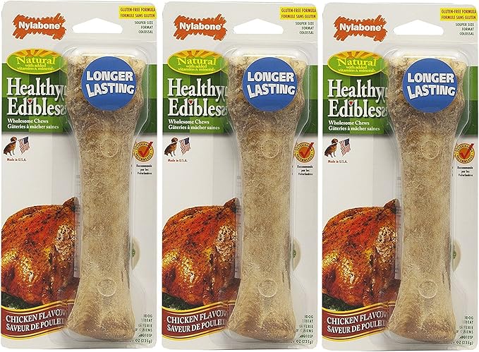 Nylabone (3 Pack) Healthy Edibles Dog Chew Treat Bones for X-Large Dogs 50 Pounds and Over (Chicken)
