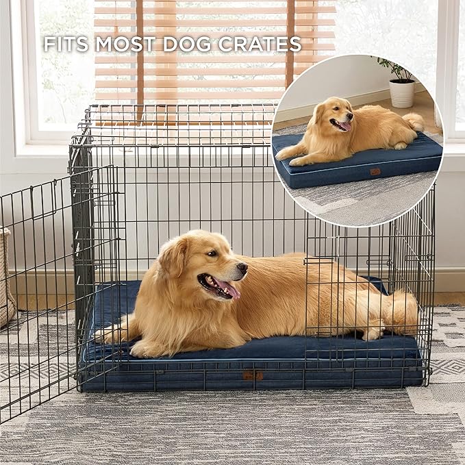 Bedsure Memory Foam Dog Bed for Large Dogs - Orthopedic Waterproof Dog Bed for Crate with Removable Washable Cover and Nonskid Bottom - Plush Flannel Fleece Top Pet Bed, Navy