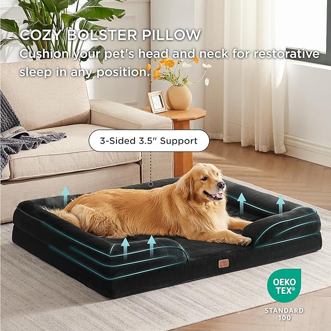 Bedsure XXL Orthopedic Dog Bed - Washable Great Dane Dog Sofa Beds for Giant Dogs, Supportive Foam Pet Couch Bed with Removable Washable Cover, Waterproof Lining and Nonskid Bottom, Black