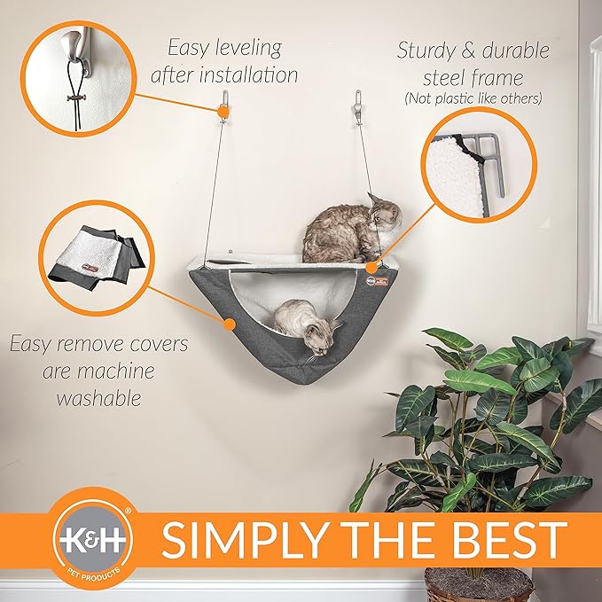 K&H Pet Products Wall Mount Cat Shelf Plus Cat Hammock for Large Cats, Kitten & Adulate Wall Cat Tree Furniture Activity Center Playground for Indoor Cats - Single Shelf Gray/Natural 23 X 12 Inches