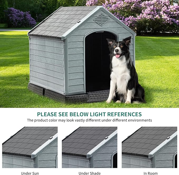 YITAHOME 34.5'' Large Plastic Dog House Outdoor Indoor Doghouse Puppy Shelter Water Resistant Easy Assembly Sturdy Dog Kennel with Air Vents and Elevated Floor (34.5''L*31''W*32''H, Black+Gray)