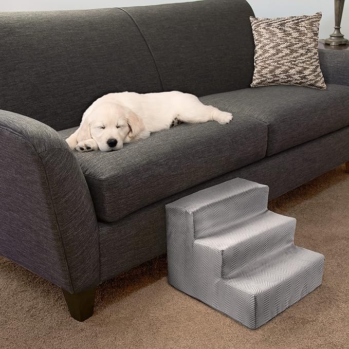 3-Step Pet Stairs - Nonslip Foam Dog and Cat Steps with Removable Zippered Microfiber Cover - 2-Tone Design for Home or Vehicle Use by PETMAKER (Gray)